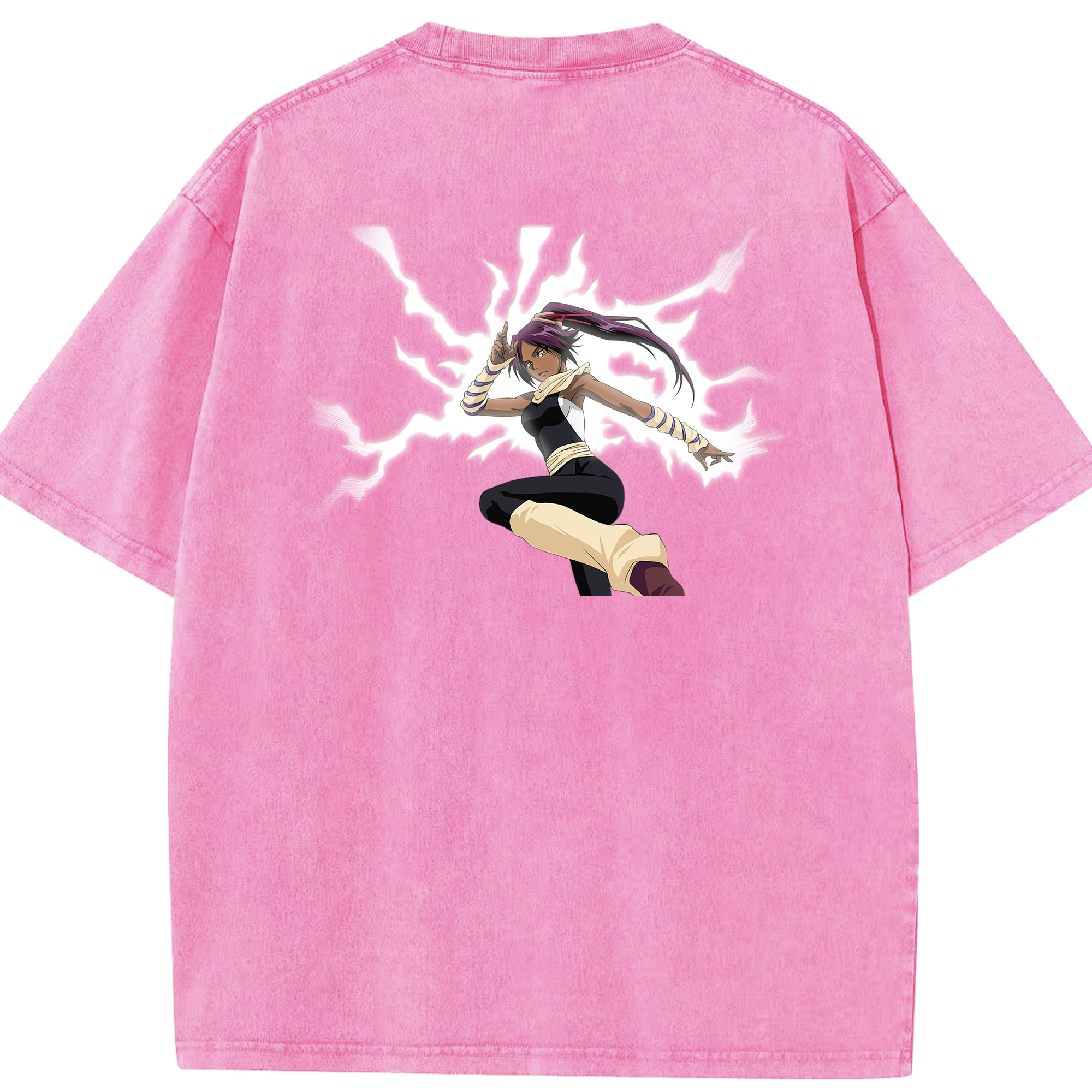 （画像用） ブリーチ 四楓院 夜一（しほういん よるいち） BLEACH Shihouin Yoruichi 綿100% ヴィンテージ風 半袖Tシャツ（背面プリント）